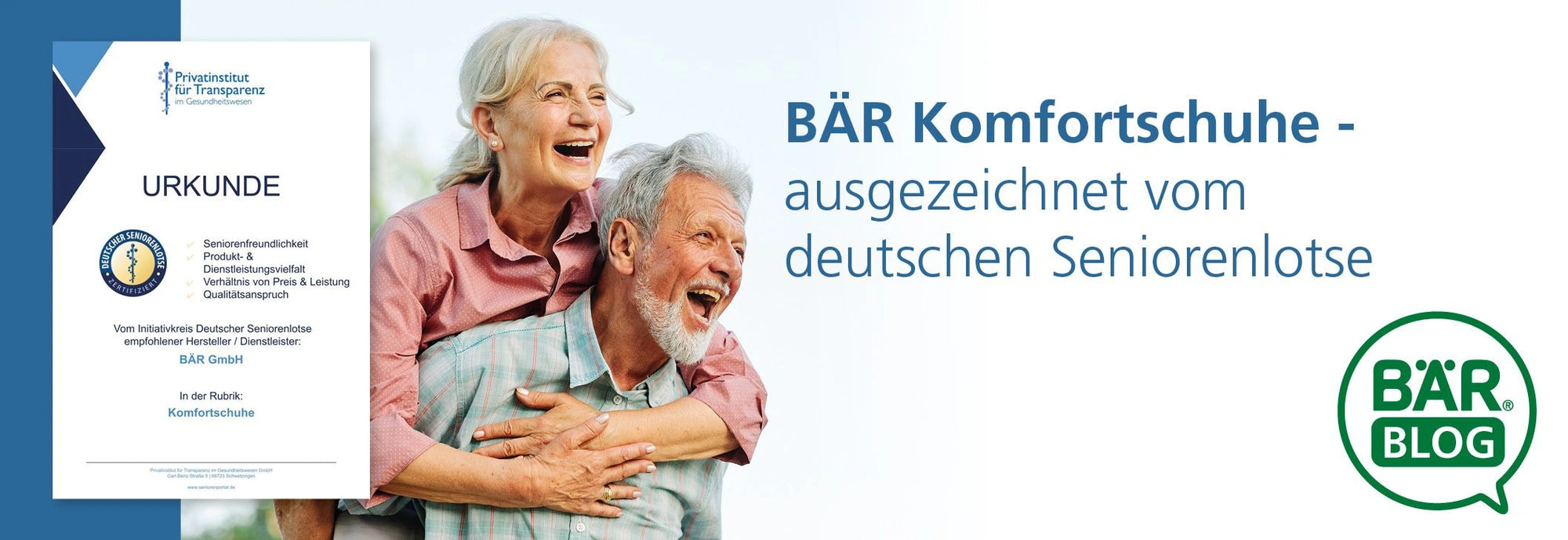 BÄR Komfortschuhe für Damen und Senioren, ausgezeichnet mit dem Siegel „Deutscher Seniorenlotse“ für Seniorenfreundlichkeit, Komfort und Qualität; im Hintergrund ein lachendes älteres Paar.
