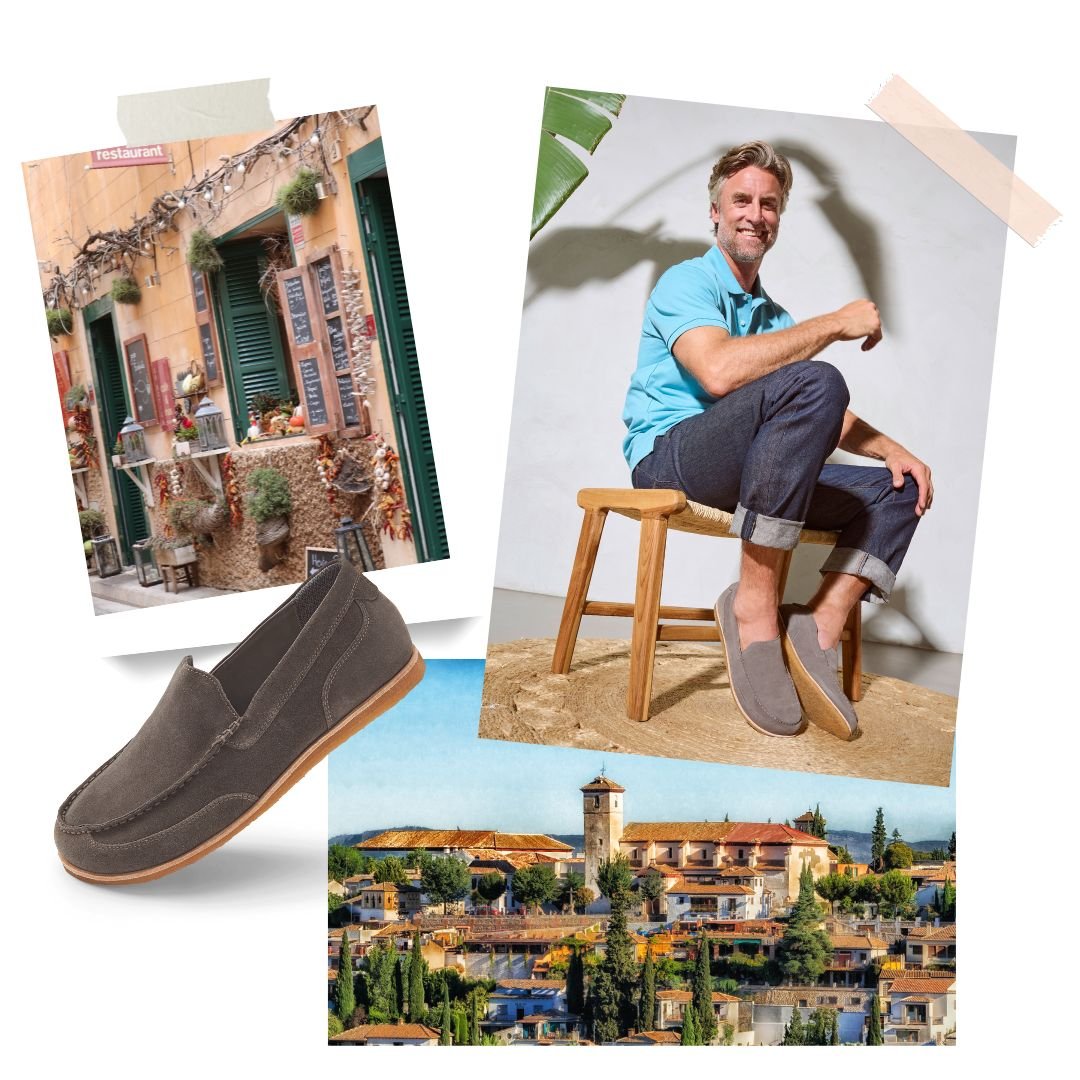 Collage eines Mannes, der einen bequemen Slipper trägt, zusammen mit mediterranem Stadtbild und Geschäftstür in Italien.
